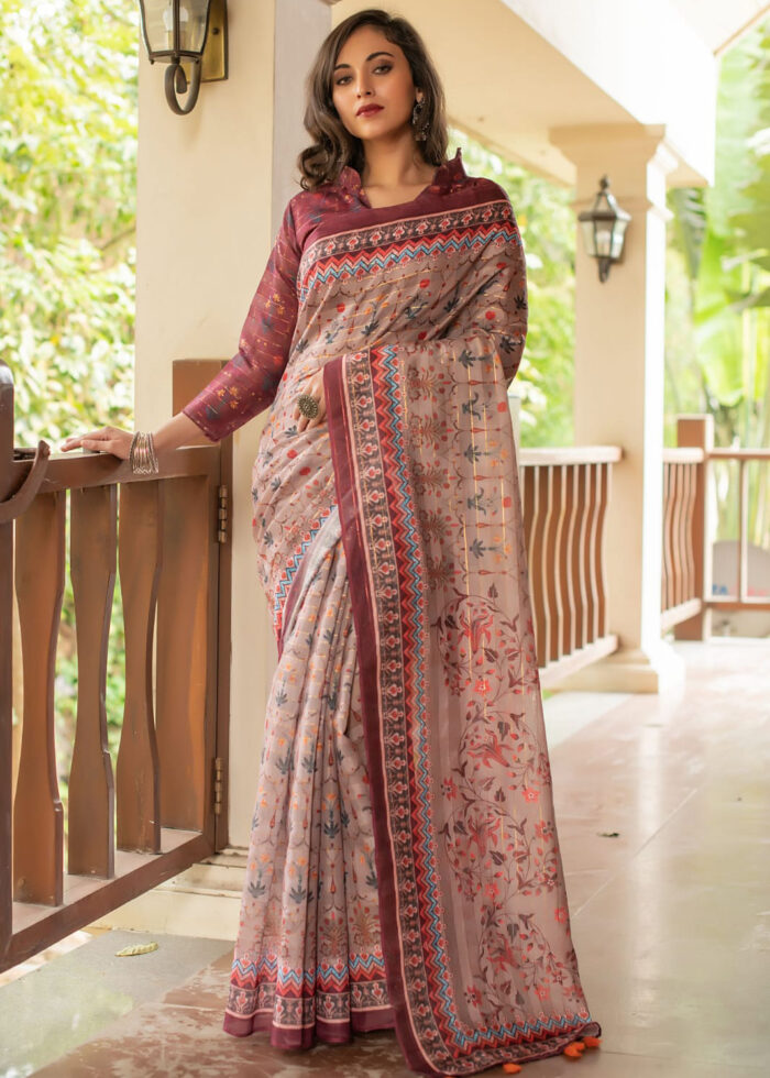 Maroon Digitally Printed Linen Saree