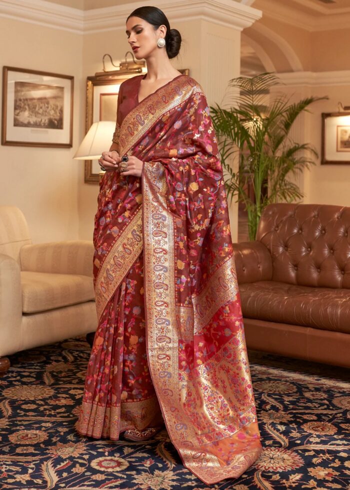 Maroon Kashmiri Jamawar Woven Banarasi Silk Saree