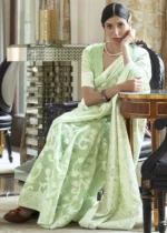 Mint Green Cotton Silk Lucknowi Saree