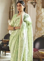 Mint Green Cotton Silk Lucknowi Saree