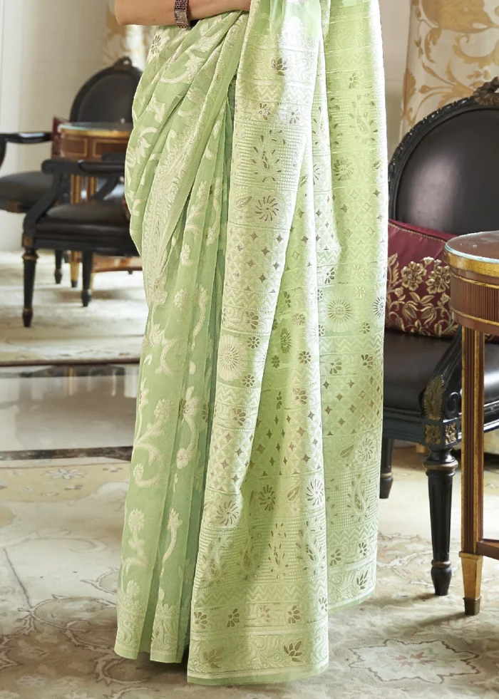 Mint Green Cotton Silk Lucknowi Saree