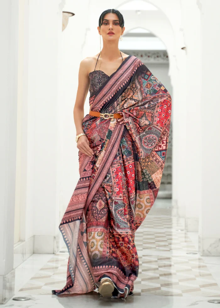 Multi-Colour Satin Crepe Kalamkari Printed Saree