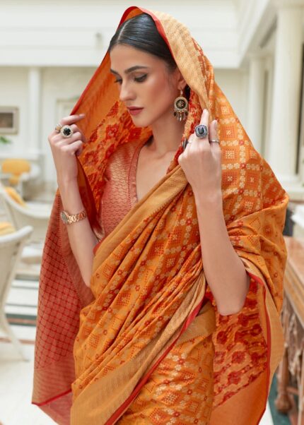 Orange & Red Woven Patola Silk Saree