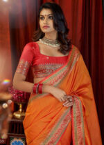 Orange & Red Woven Tussar Silk Saree