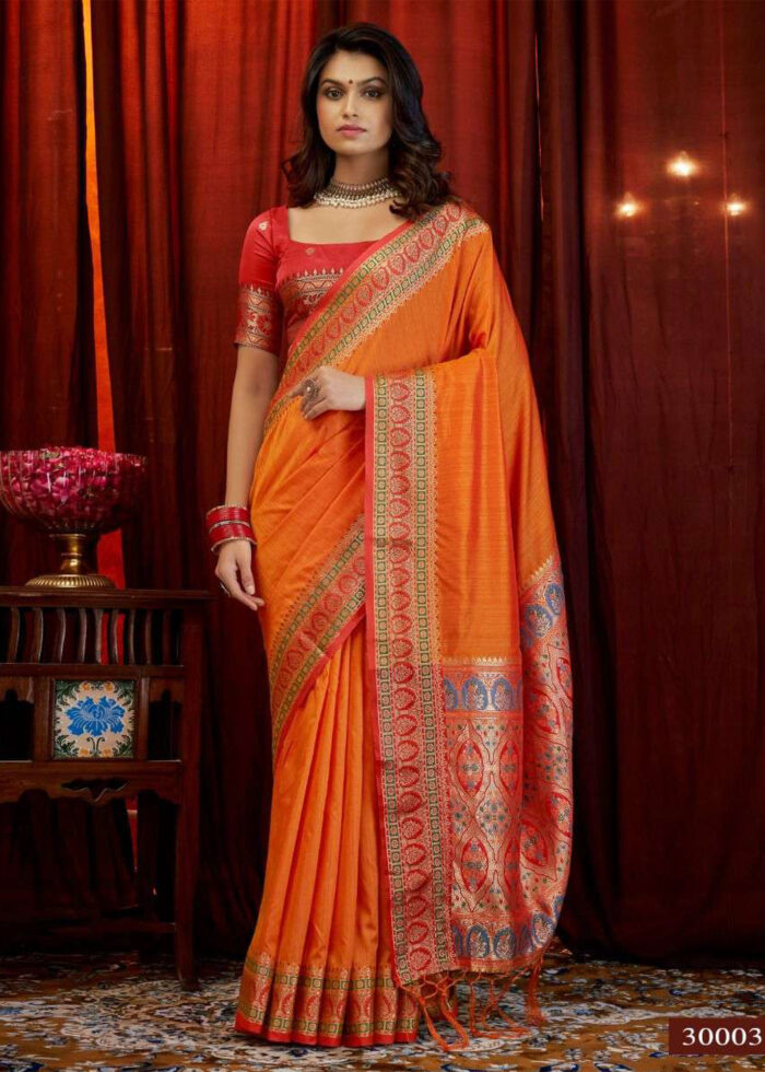 Orange & Red Woven Tussar Silk Saree