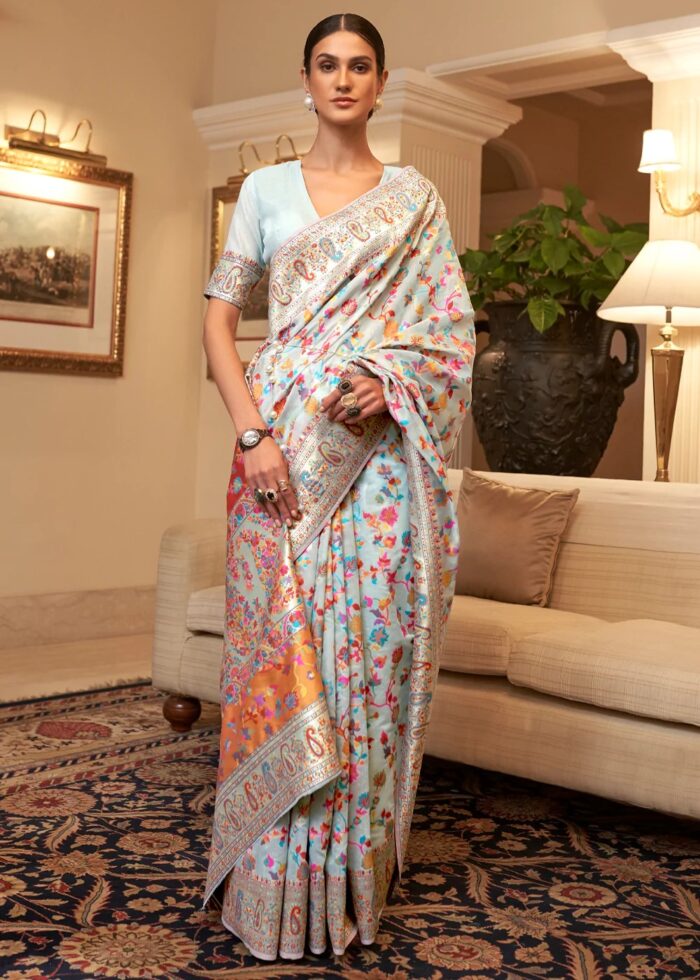 Pastel Blue Jamawar Banarasi Saree