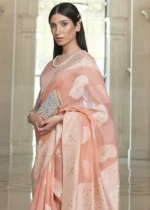 Peach Cotton Silk Lucknowi Saree