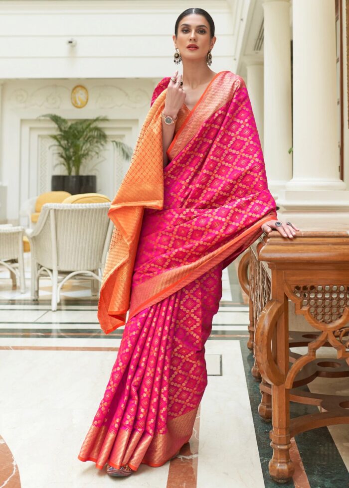 Raspberry Pink & Orange Woven Patola Silk Saree