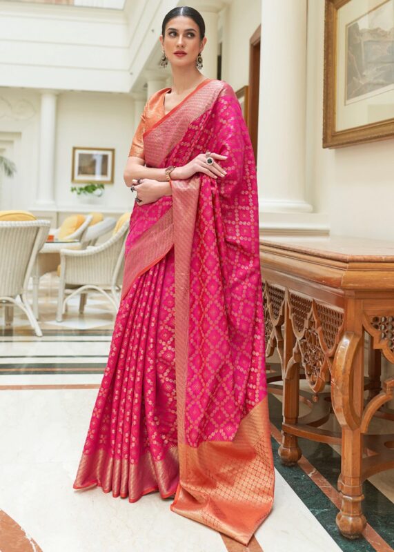 Raspberry Pink & Orange Woven Patola Silk Saree