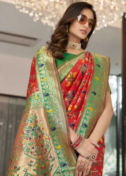 Red & Green Woven Patola Silk Saree