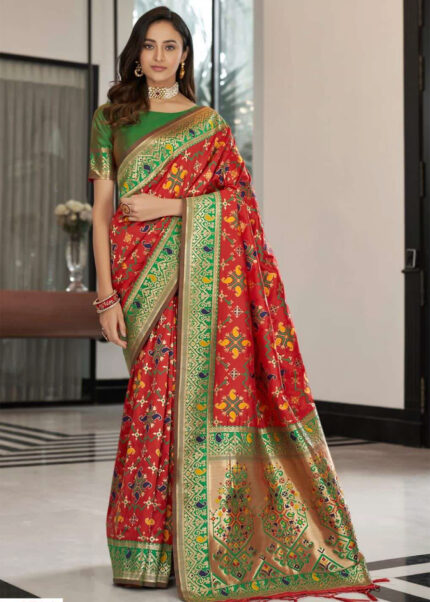 Red & Green Woven Patola Silk Saree