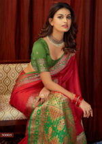 Red & Green Woven Tussar Silk Saree