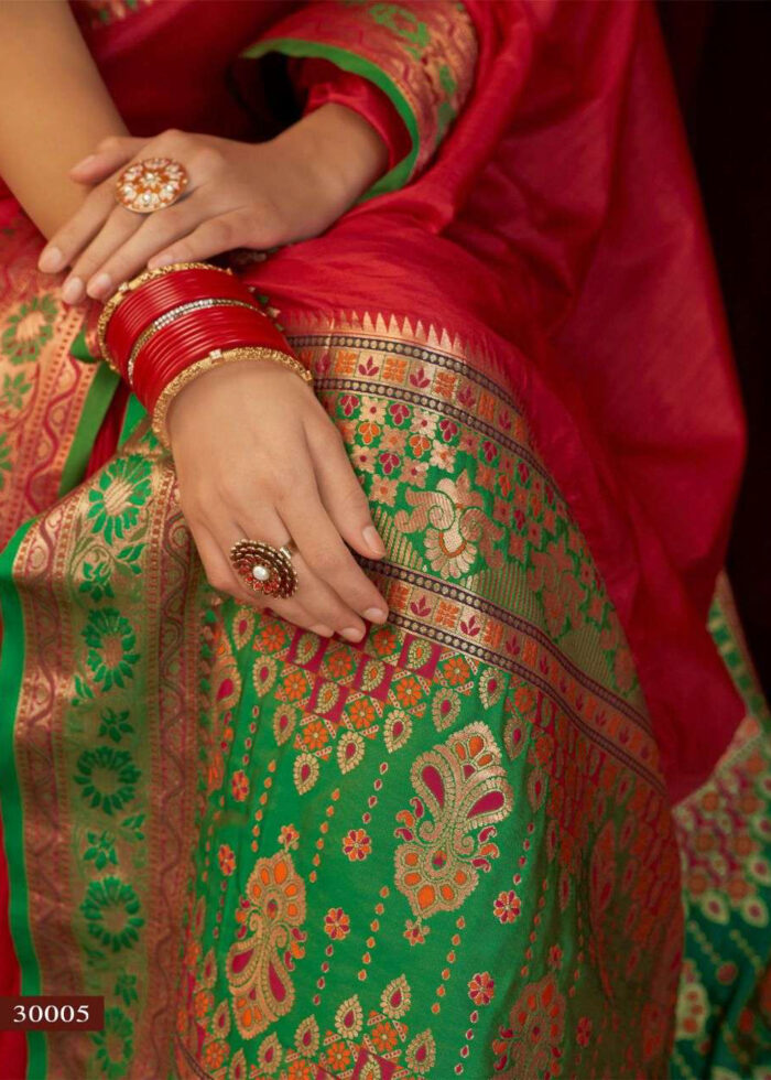 Red & Green Woven Tussar Silk Saree