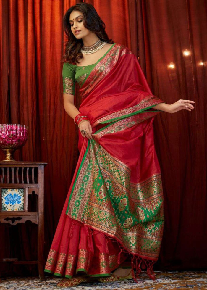 Red & Green Woven Tussar Silk Saree