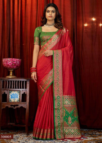 Red & Green Woven Tussar Silk Saree