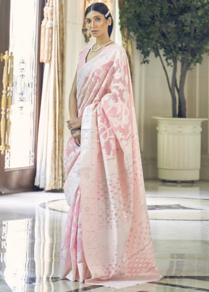 Rose Pink Cotton Silk Lucknowi Saree