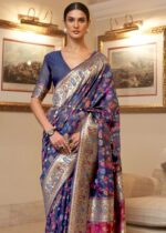 Royal Blue Kashmiri Jamawar Woven Banarasi Silk Saree