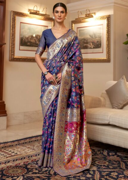 Royal Blue Kashmiri Jamawar Woven Banarasi Silk Saree