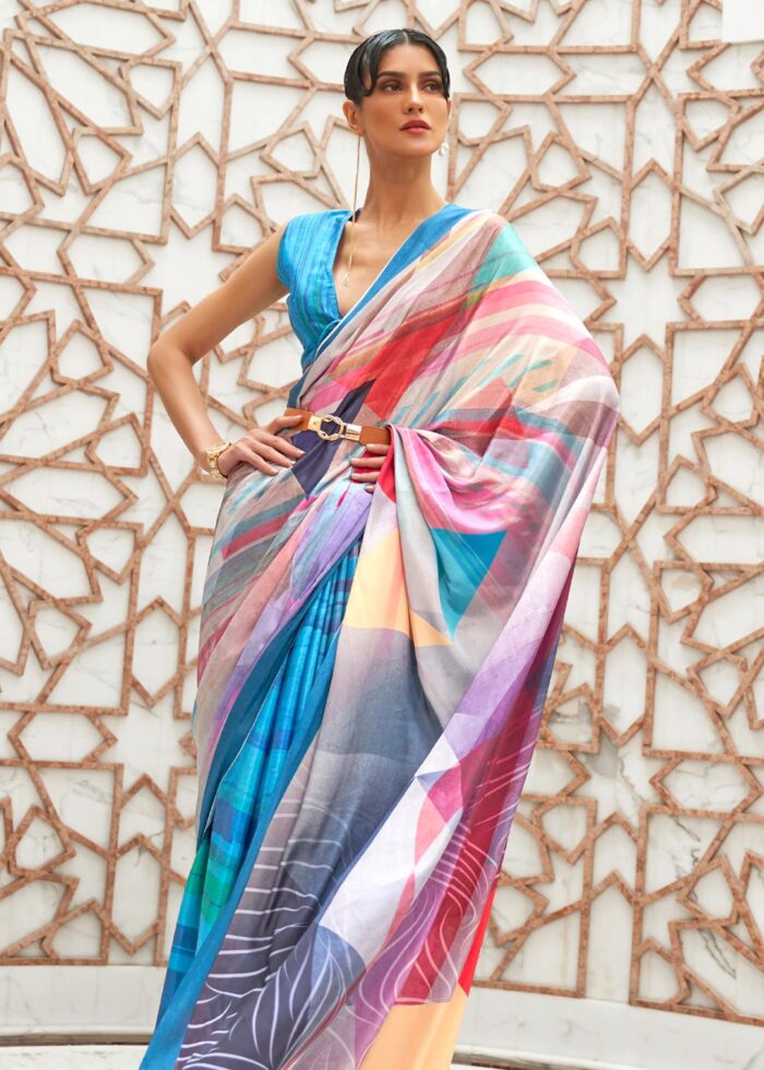 Sky Blue Satin Crepe Kalamkari Printed Saree