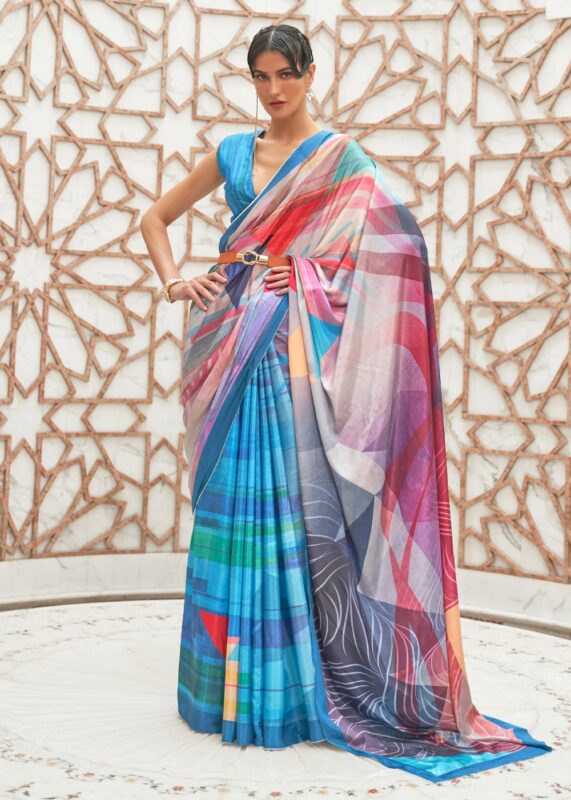 Sky Blue Satin Crepe Kalamkari Printed Saree