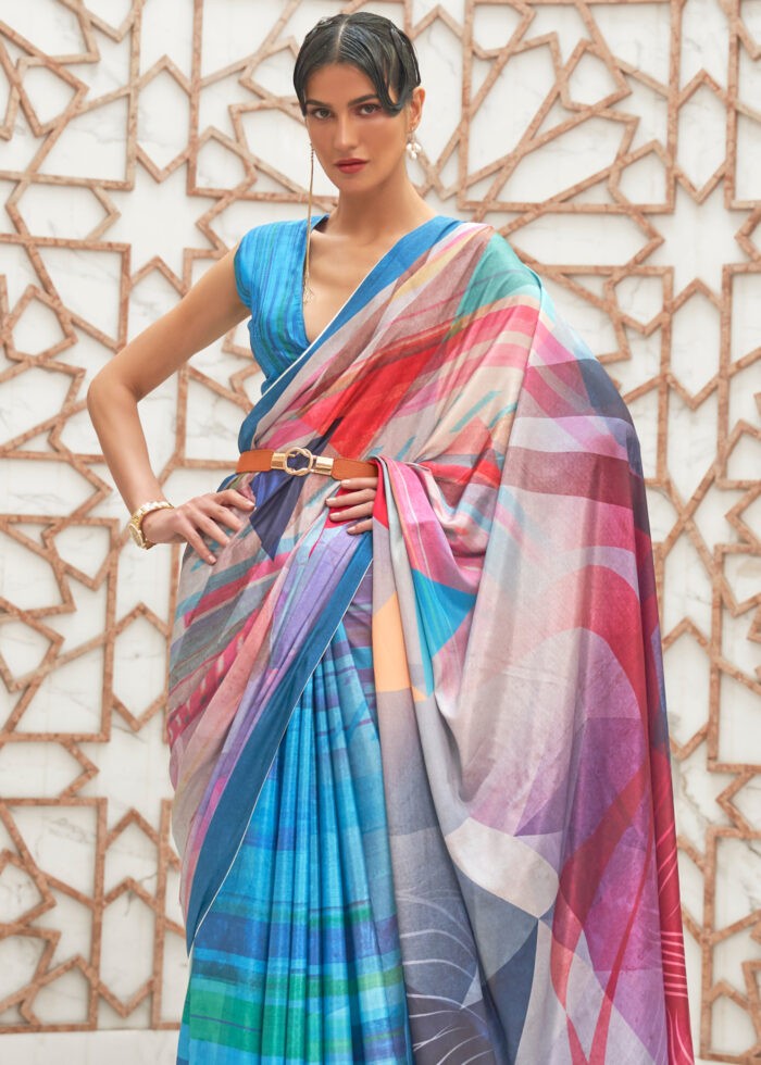 Sky Blue Satin Kalamkari Saree