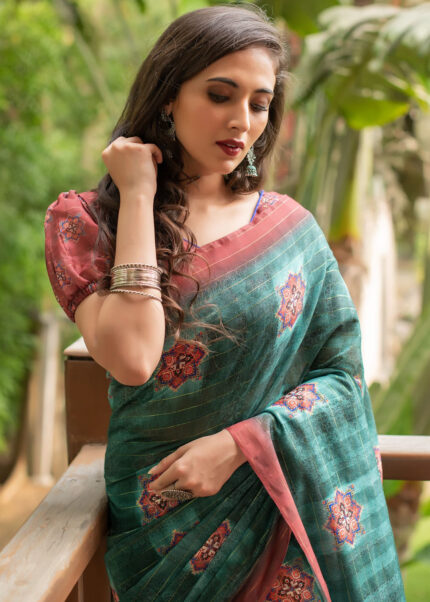 Teal Digitally Printed Linen Saree