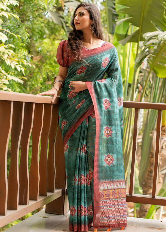 Teal Digitally Printed Linen Saree