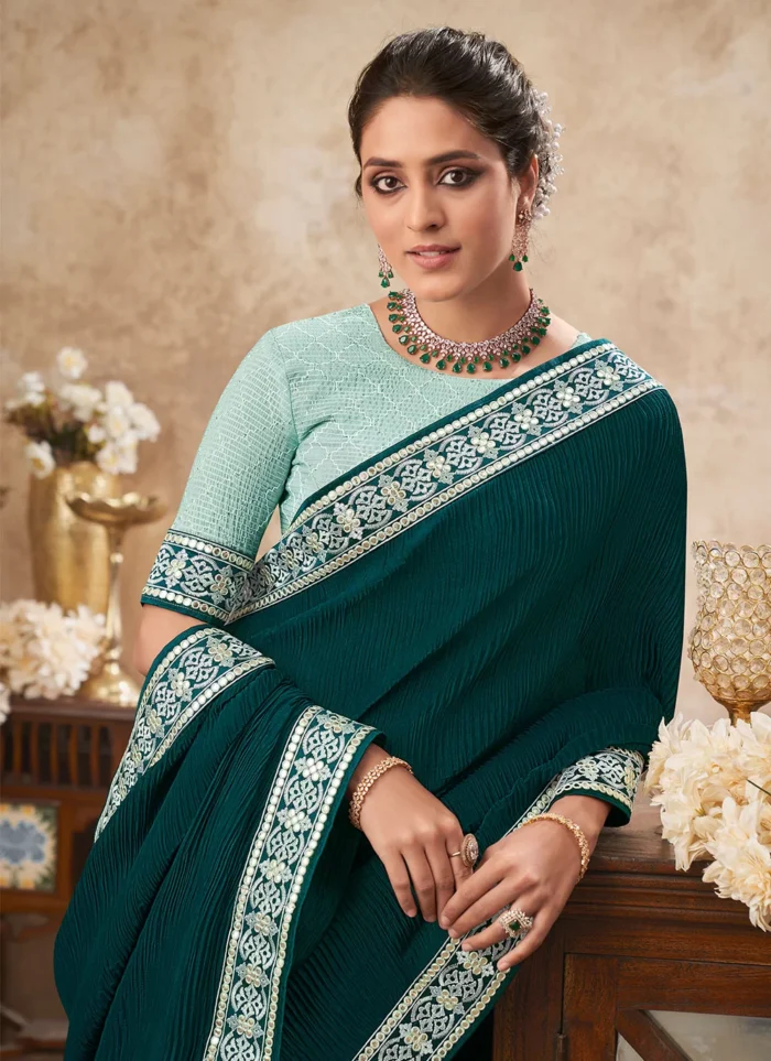 Teal Dual-tone Half N Half Chinon Chiffon Saree