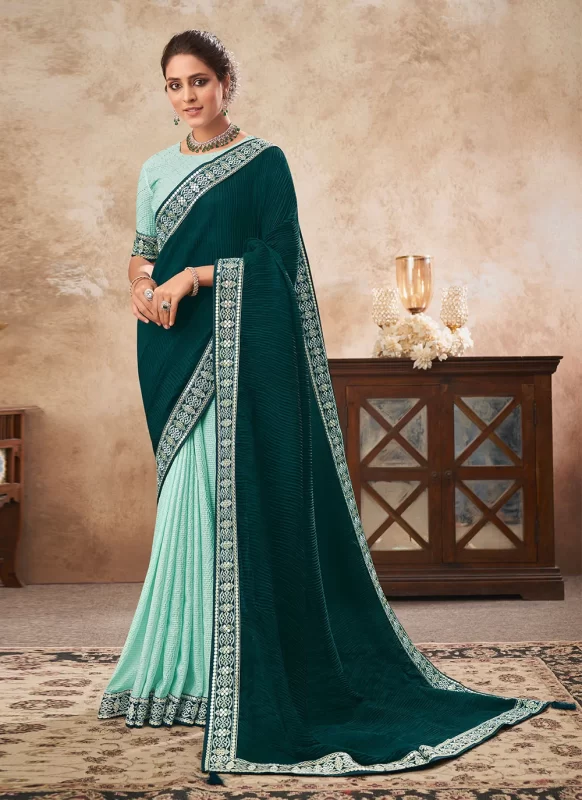 Teal Dual-tone Half N Half Chinon Chiffon Saree