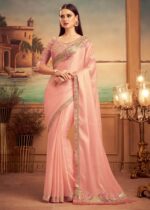 Baby Pink Embroidered Designer Silk Saree