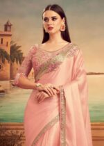 Baby Pink Embroidered Designer Silk Saree