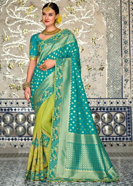 Blue & Green Dual-Colour Woven Banarasi Silk Saree