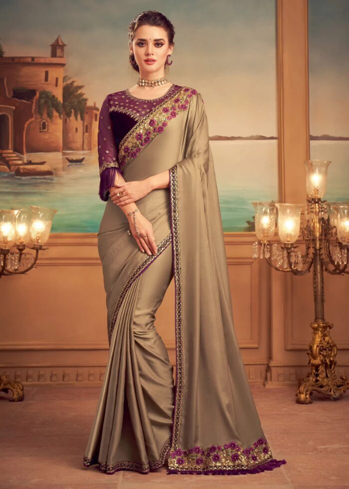 Brown Embroidered Designer Silk Saree