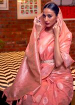 Coral Pink Woven Linen Silk Saree