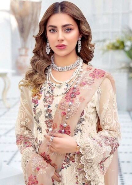 Cream Embroidered Designer Georgette Suit