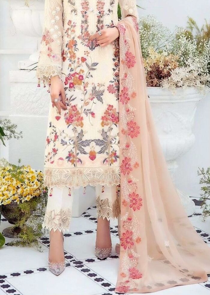 Cream Embroidered Designer Georgette Suit