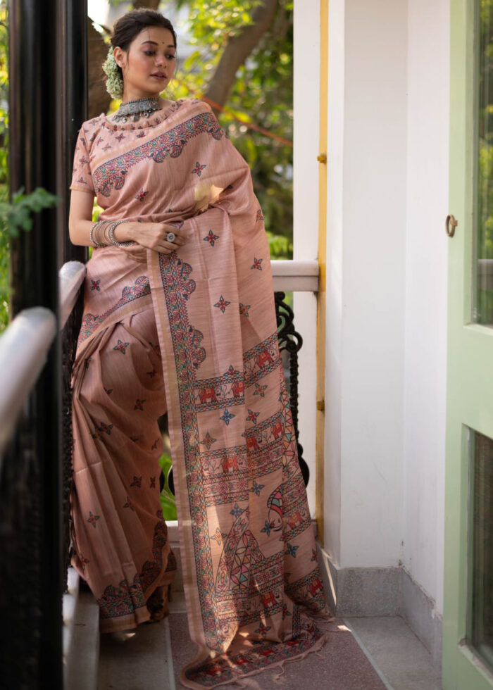 Dark Peach Madhubani Print Tussar Silk Saree