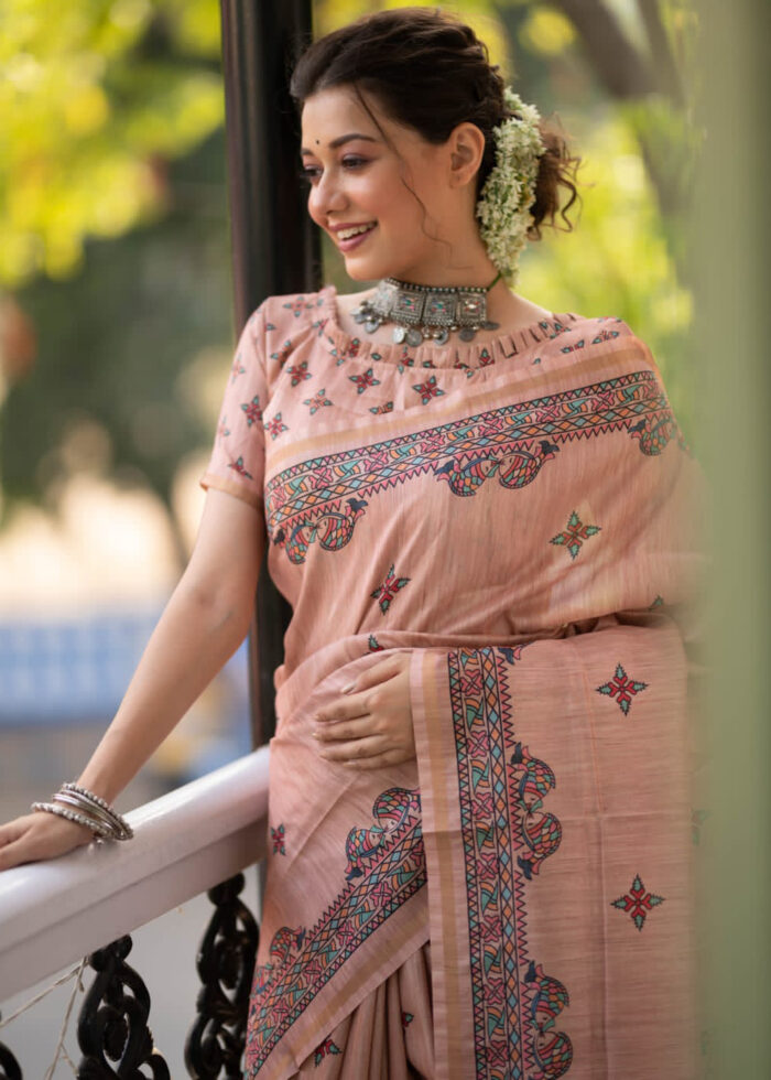 Dark Peach Madhubani Print Tussar Silk Saree