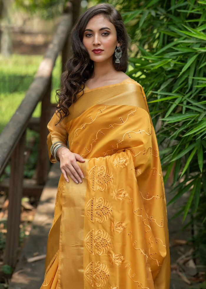 Golden Yellow Assam Silk Saree with Cut-Work Embroidery