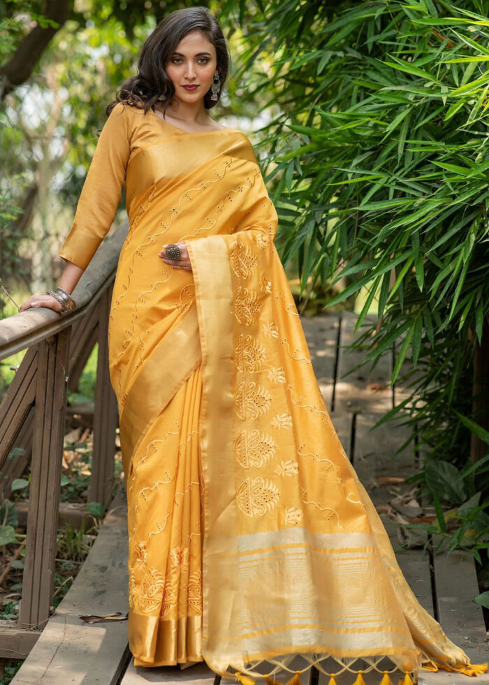 Golden Yellow Assam Silk Saree with Cut-Work Embroidery