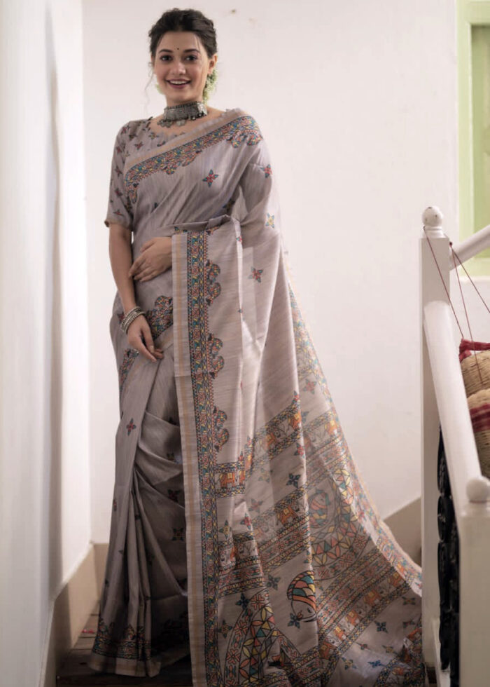 Gray Madhubani Print Tussar Silk Saree