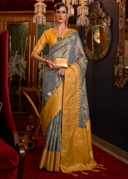 Gray & Yellow Dual Colour Woven Banarasi Silk Saree