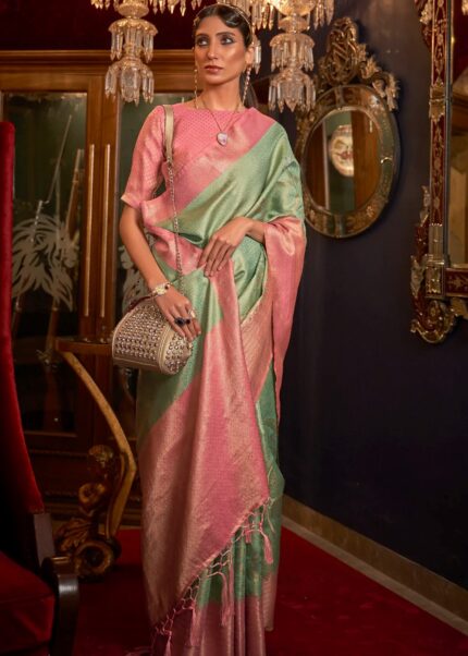 Green & Pink Dual Colour Woven Banarasi Silk Saree