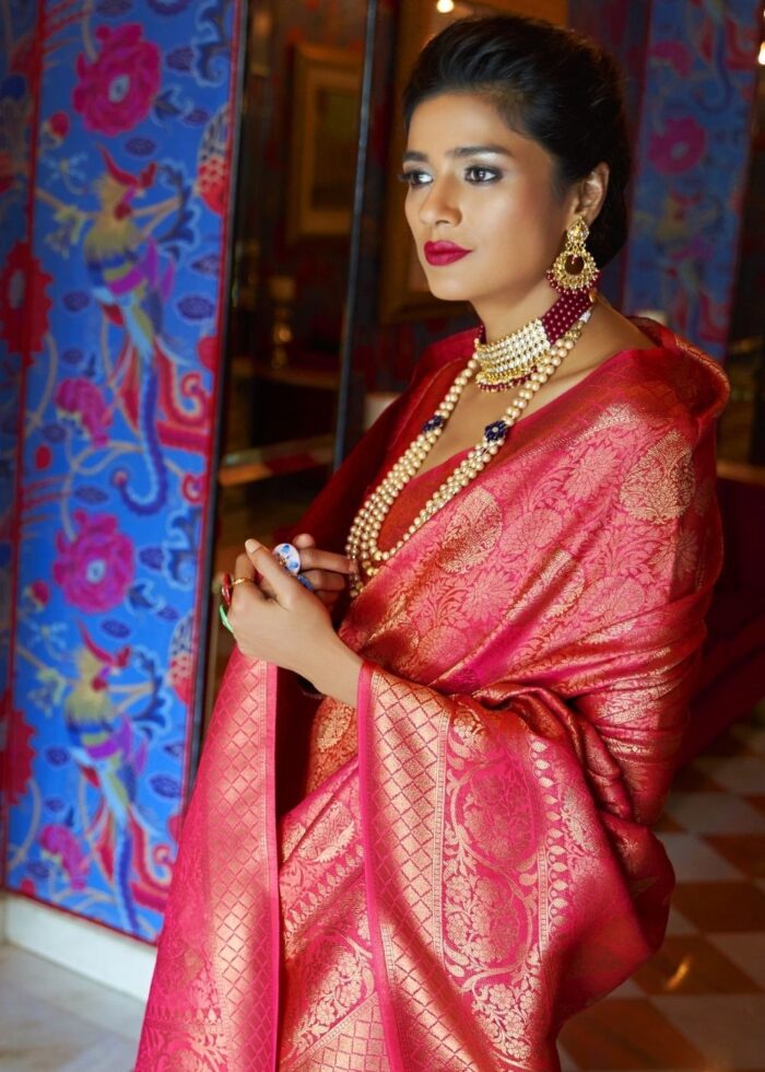 Hot Pink Woven Kanjivaram Silk Saree