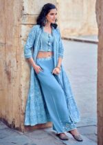 Light Blue Indo-Western Crop Top Plazzo Set with Shrug