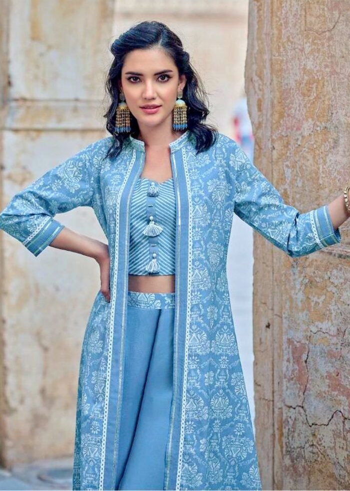 Light Blue Indo-Western Crop Top Plazzo Set with Shrug