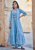 Light Blue Indo-Western Crop Top Plazzo Set with Shrug