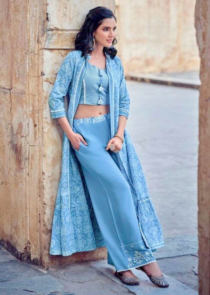 Light Blue Indo-Western Crop Top Plazzo Set with Shrug