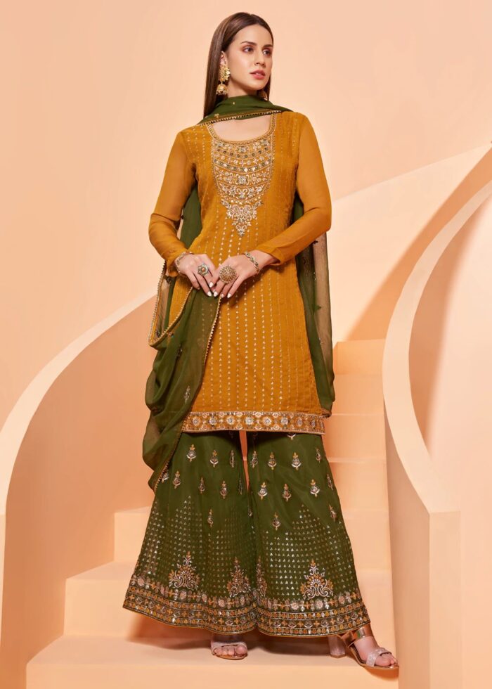 Mustard Yellow Semi-Stitched Georgette Sharara Suit