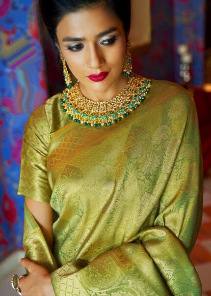 Olive Green Woven Kanjivaram Silk Saree